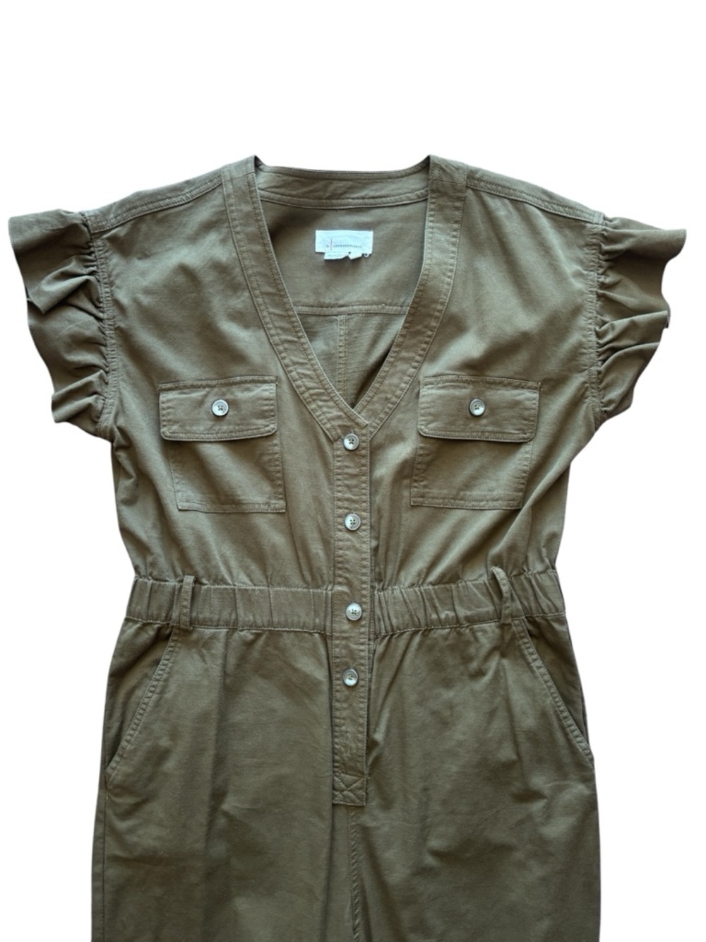 Anthropologie Olive Green Utility Jumpsuit Ruffle Sleeve Button Front Cinched